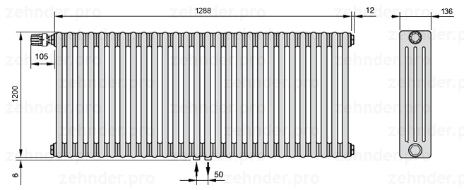Схема (чертеж) Радиатор Zehnder Charleston 4120/28 №V007 Белый глянцевый RAL 9016